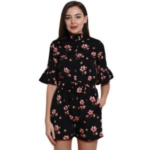 Flair Junkie Women Black Floral Printed Ruffle Sleeve Romper
