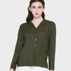 Women Olive Green Full Sleeves Lapel Collar Casual Rayon Shirt