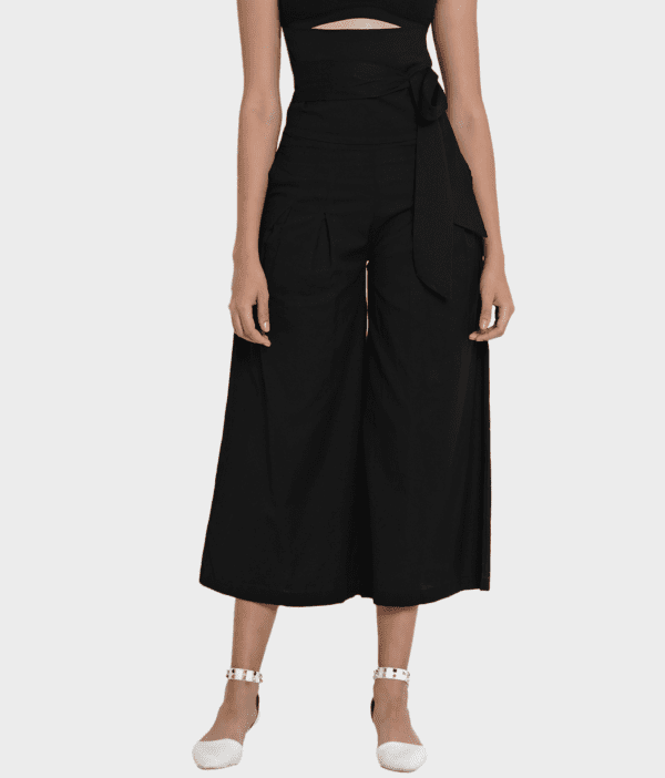 Women Black Solid High Waist Belted Wide Leg Palazzo Pant