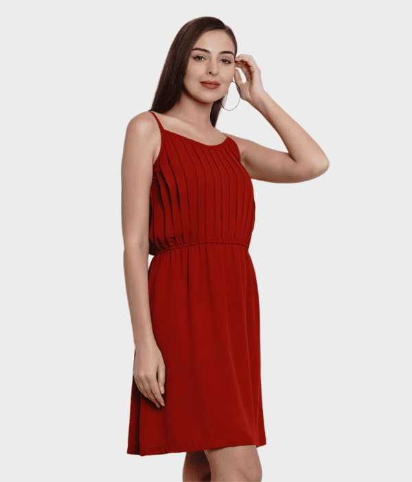 Women Solid Red Strip Petal Layered Middie Dress