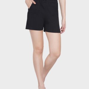 Women Solid Black Elastic Waist Band Pockets Casual Shorts