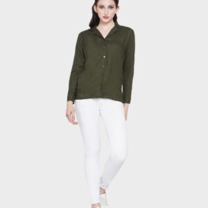 Women's Olive Green Full Sleeves Lapel Collar Casual Rayon Shirt