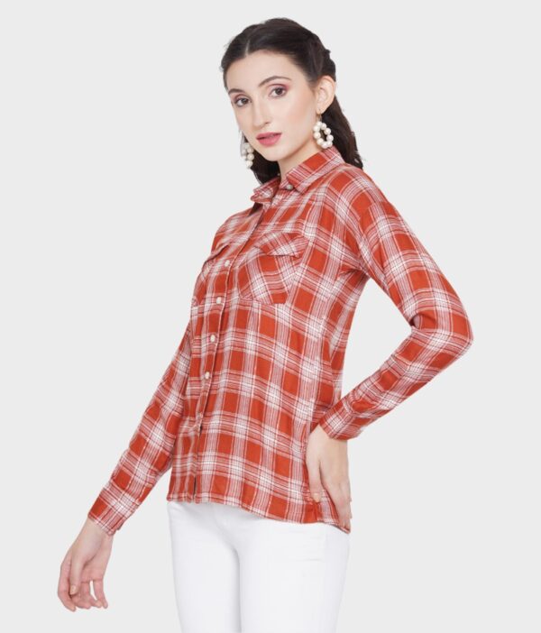 Women's Basic Plaid Style Check Pattern Full Sleeves Double Pocket Shirt
