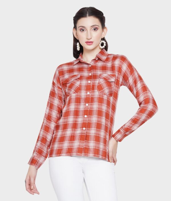 Women's Basic Plaid Style Check Pattern Full Sleeves Double Pocket Shirt