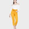 Yellow High Waisted Side Pockets Paper Bag Women Pants