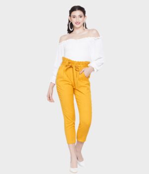 Yellow High Waisted Side Pockets Paper Bag Women Pants