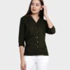 Women Olive Green Solid Lapel Collar Casual Shirt