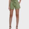Women Olive Green Solid Regular Fit Belted Short