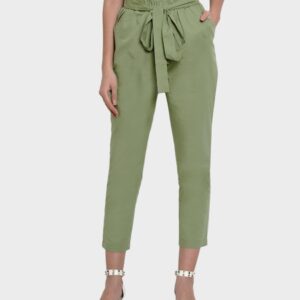 Women Olive Green Solid Paperbag Waist Tie Up Pant