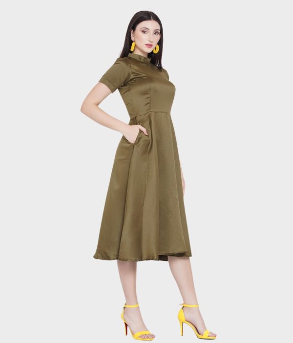 Olive Green Satin Half Sleeve Halter Neck Mini Flared Dress
