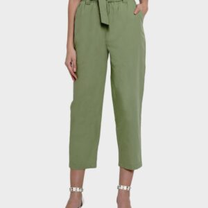 Women Olive Green Solid Belted Straight Fit Regular Trouser