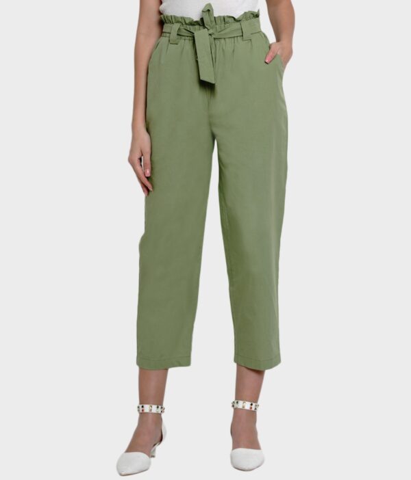 Women Olive Green Solid Belted Straight Fit Regular Trouser