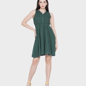 Women Green V Neck Sleeveless Casual Mini Dress