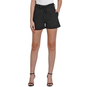 Flair Junkie Women Black Solid Schiffli Self Design Belted Short