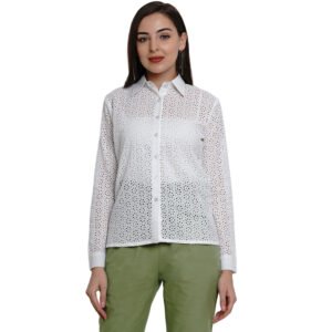 Flair Junkie Women White Regular Fit Schiffli Embroidered Shirt