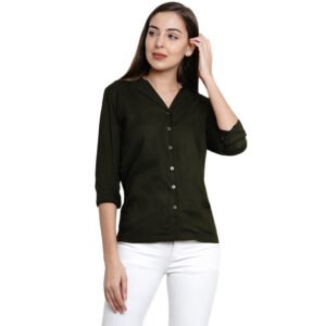 Flair Junkie Women Olive Green Solid Lapel Collar Casual Shirt